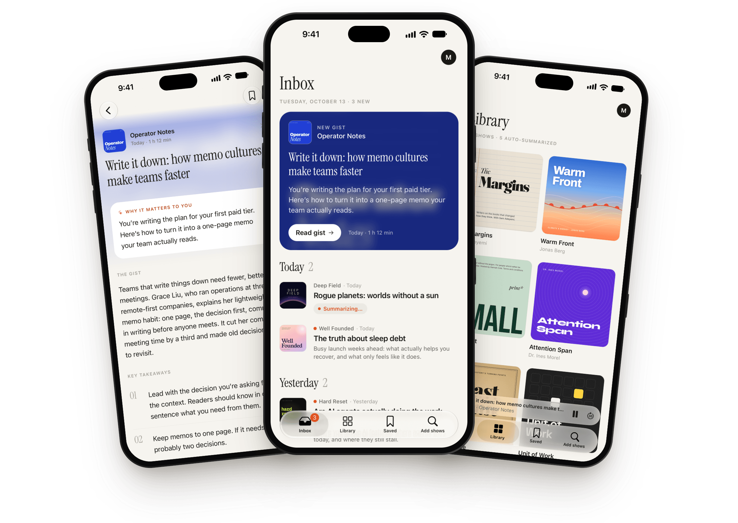 Three iPhones running Podstill: a personal gist of a podcast episode, the inbox with a new gist, and the library of followed shows.