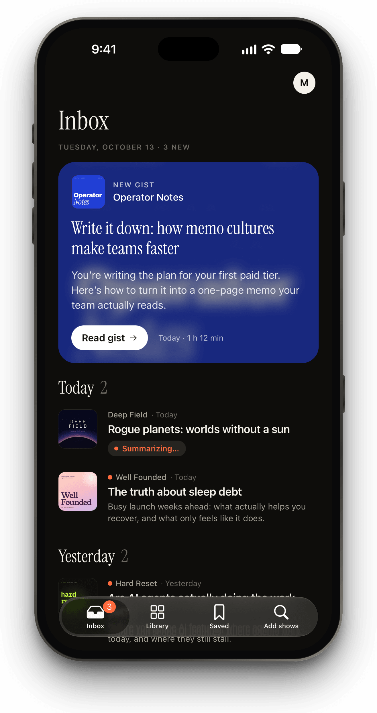 The Podstill inbox in the dark theme.