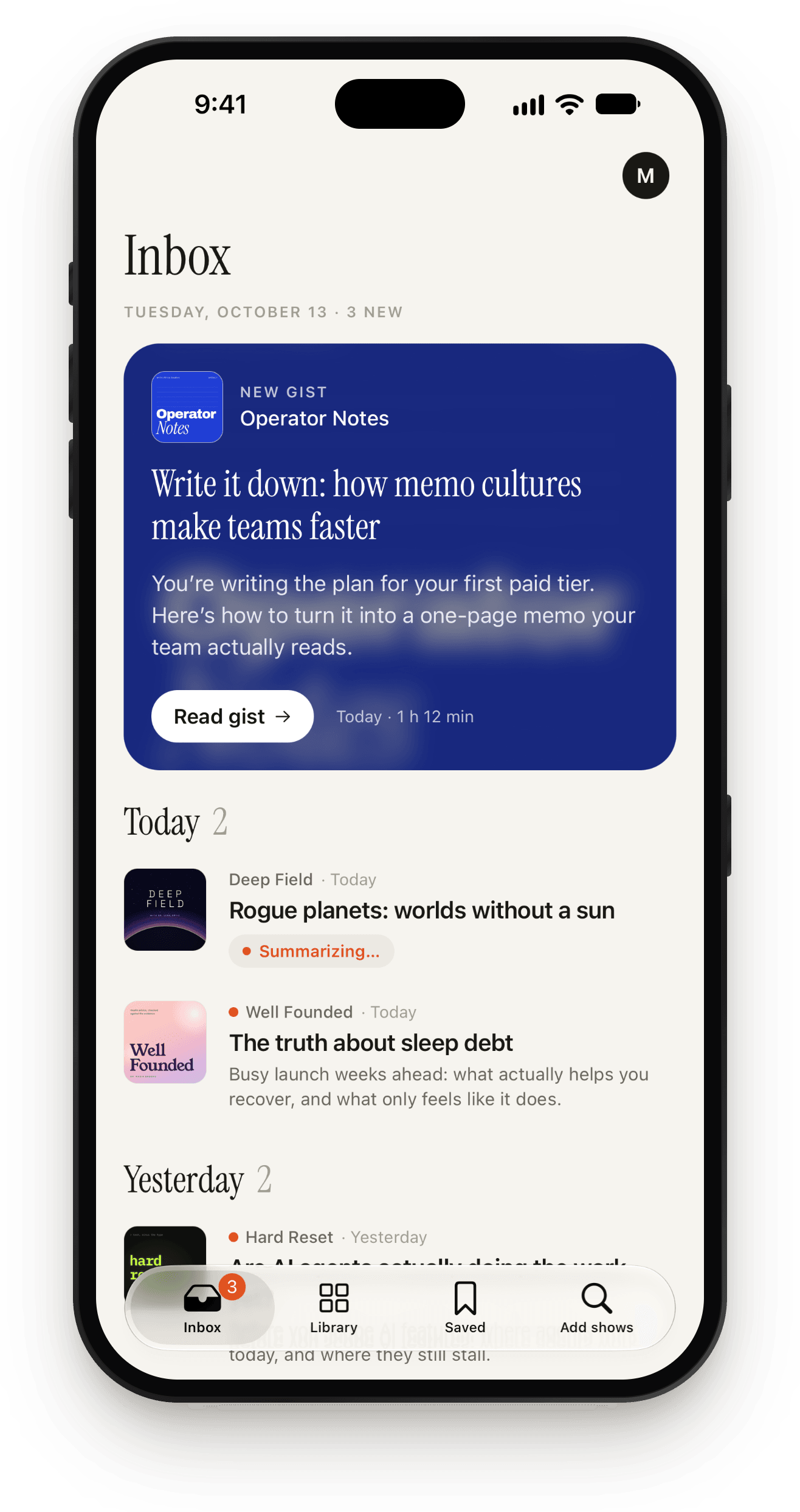 The Podstill inbox in the light theme.