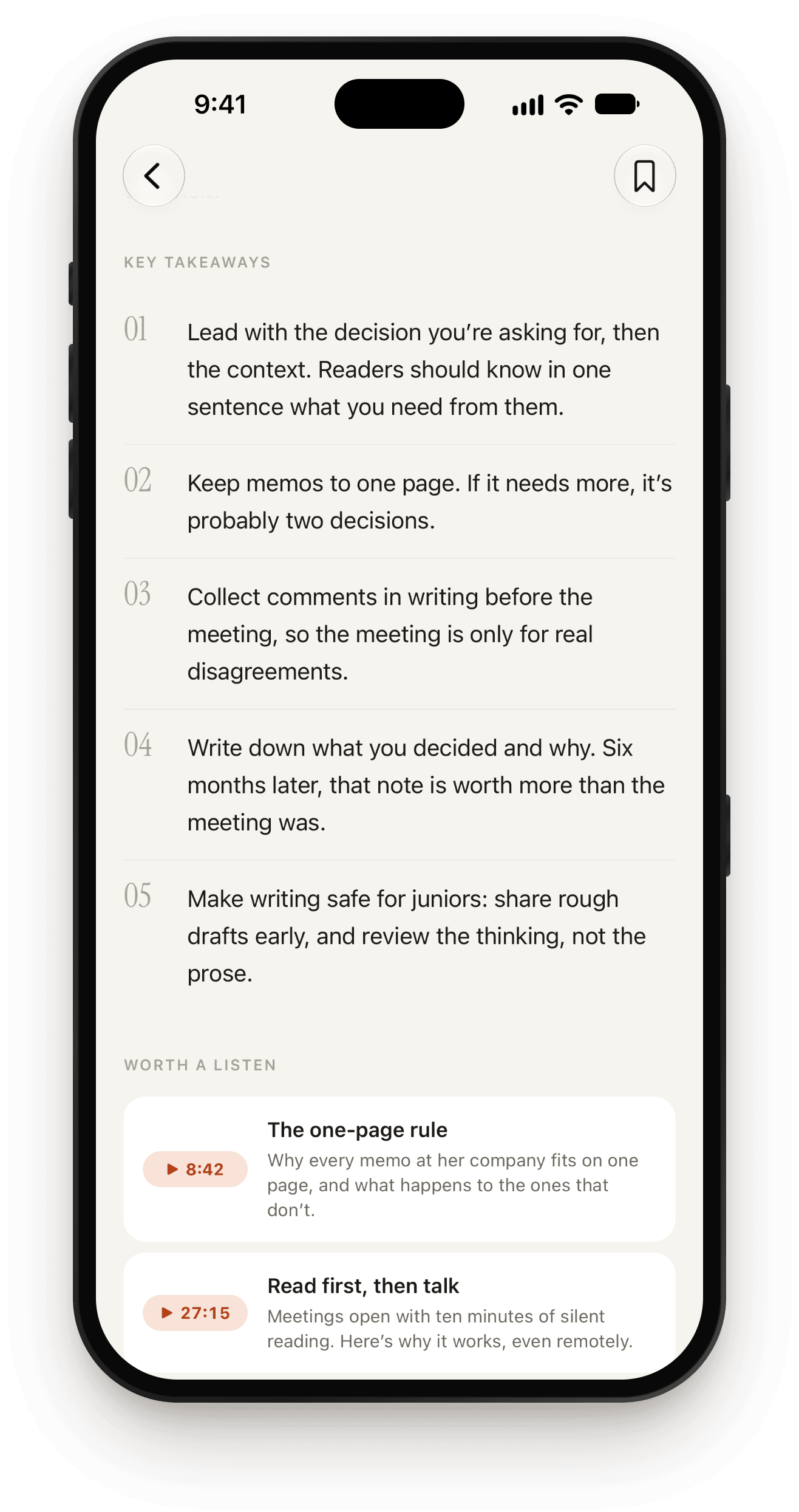 Numbered key takeaways from a podcast episode, as shown in Podstill.