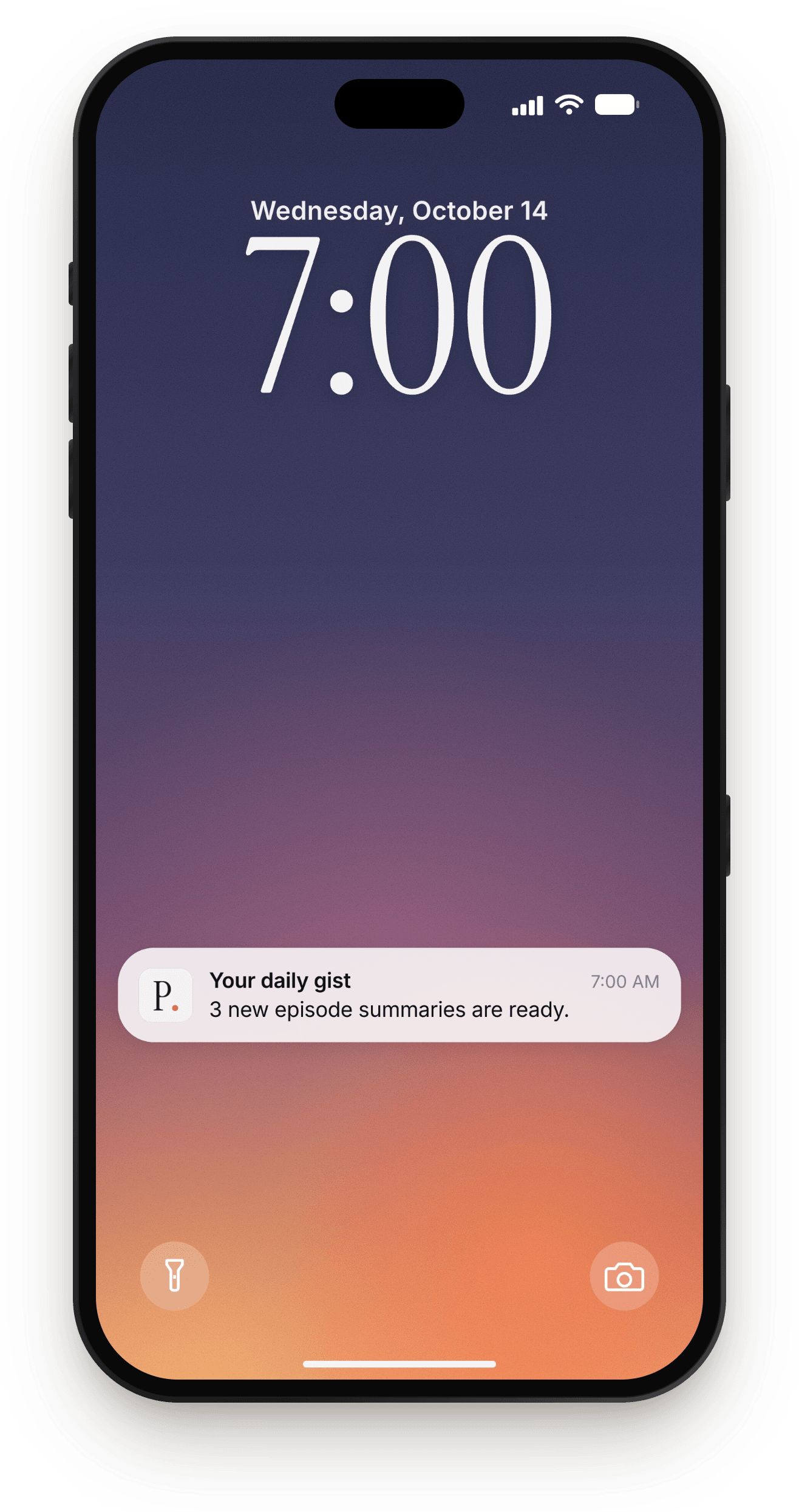 An iPhone lock screen with the Podstill daily digest: 3 new episode summaries are ready.